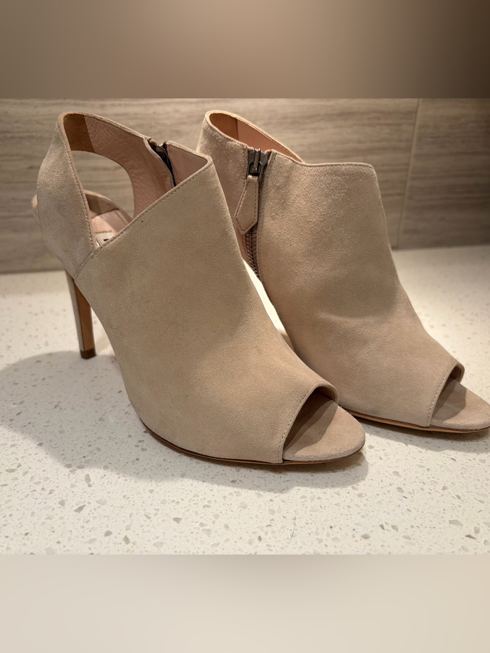 Miu Miu Beige Suede Peep-Toe Stiletto Booties